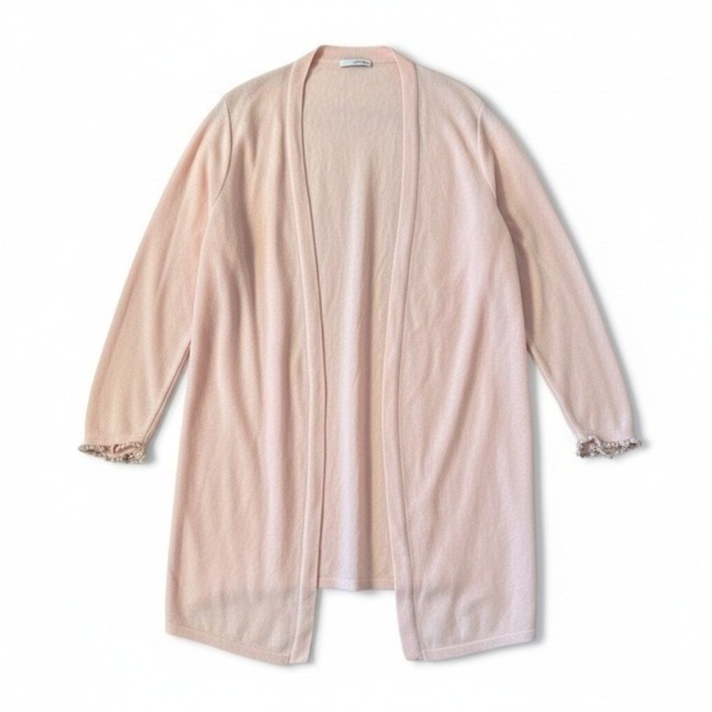 J. Jill Soft Pink Linen Blend Open‎ Front Longline Cardigan with Fringe Cuffs L
